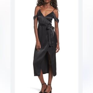 Bardot Leah Black Satin Off The Shoulder Tie Waist Midi Wrap Dress 8